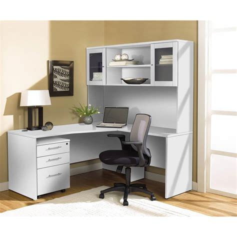 Modern White L-shaped Desk with Hutch & Mobile Pedestal - OfficeDesk.com