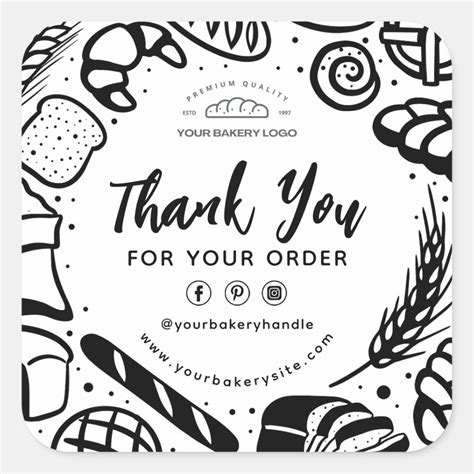 Black White Bakery Baked Goods Breads Thank You Square Sticker | Zazzle ...