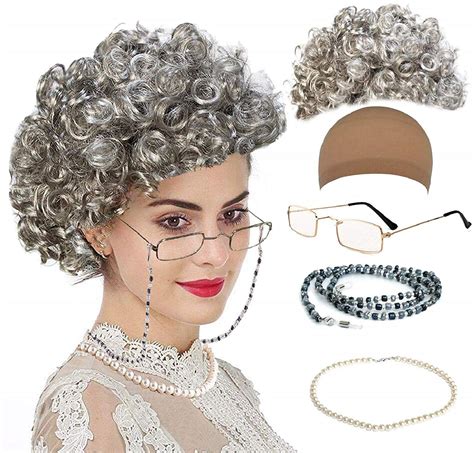 qnprt Old Lady Costume for Women, Kids 100th Day of School Grandma Wig ...