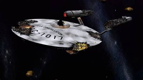 The severely damaged USS Constellation from the TOS episode, "The ...