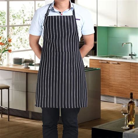 Useful Cooking Tool Fashion Brief Waterproof Apron Adjustable Black Stripe Bib Apron with 2 ...