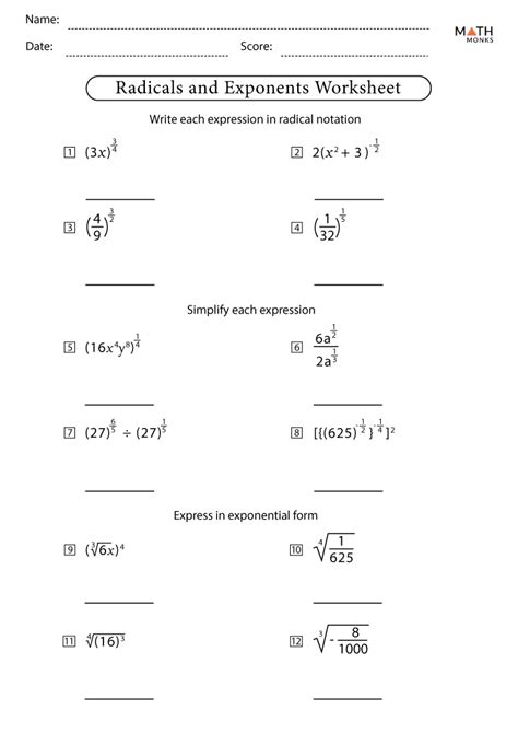 Radicals and Rational Exponents Worksheets - Math Monks