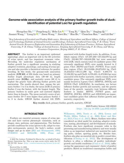 (PDF) Genome-wide association analysis of the primary feather growth traits of duck ...