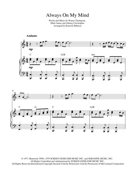 Always On My Mind (arr. Kaiserin Rebecca) by Elvis Presley Sheet Music for Violin and Piano at ...