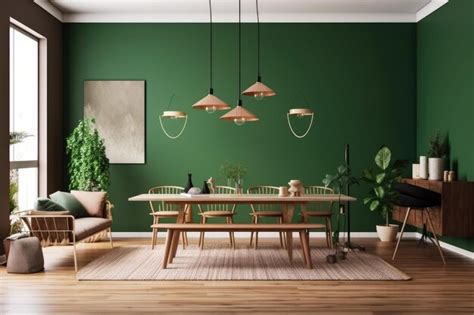 Premium AI Image | Concept for a green living room with wooden furniture a table chairs a ...