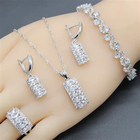 Wholesale 925 Sterling Silver Jewelry Sets For Women Geometric White Crystal Wedding Necklace ...