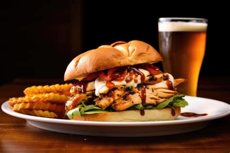 Premium AI Image | Saucedripping grilled chicken sandwich with accompanying light beer