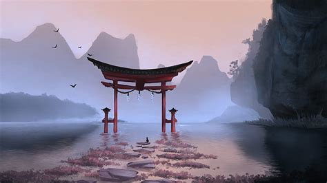 Anime, Shrine, Cat, Lake, Mountain, Torii, HD wallpaper | Peakpx