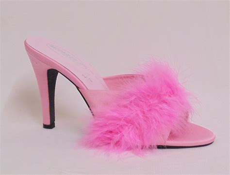 Pink High Heel Satin Feather Fluffy Slippers Court Mule UK 4 5 6 7 8 ...