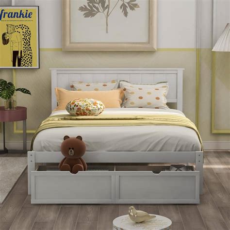 ANBAZAR White Wood Full Size Bed Frame with Headboard, Full Bed Frame with Storage Drawers ...