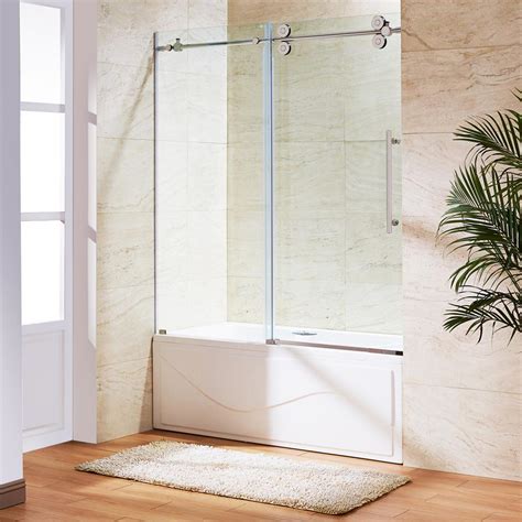 VIGO 60 in. x 66 in. Frameless Sliding Tub Door in Stainless Steel and Clear Glass ...