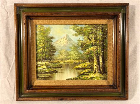 Vintage Framed Oil Painting Mountain Lake Forest Woods Pines | Etsy | Framed oil painting ...