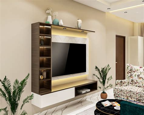 White And Brown Wall-Mounted TV Unit Design With Open Shelves | Livspace