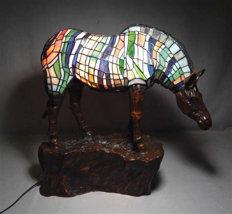 Large Bronze and Stained Glass Horse Lamp