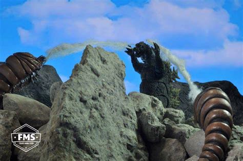 Godzilla vs Mothra 1964. Mothra larva twins battle Godzilla. Kaiju toy art. S.H.Monsterarts. ゴジラ ...