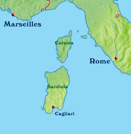 Map of the island Corsica, where Napoleon grew up.