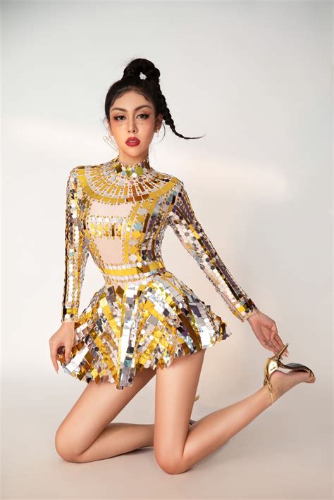 Stage Wear Singer Mirror Dress Dance Wears Sparkly Gold Silver Sequins Bodysuit Rhinestone ...