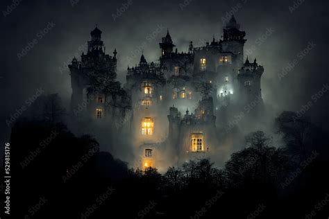 large haunted castle with many illuminated windows at spooky misty dark halloween night, neural ...