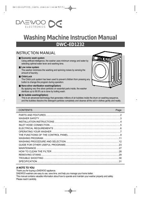 Washing Machine Instruction Manual DWC-ED1232 - Castel Daewoo