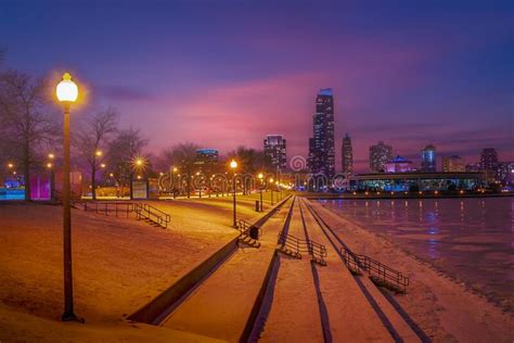 Downtown Chicago, IL at Sunset, Lake Michigan Stock Photo - Image of ...