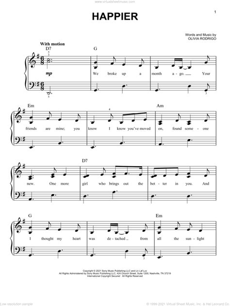 Olivia Rodrigo: happier sheet music for piano solo (PDF)