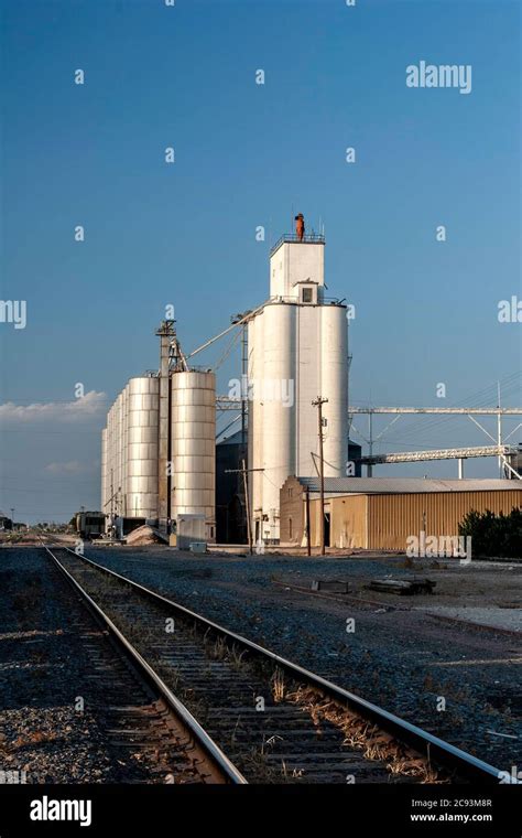 Grain elevators and train tracks, railyard, Portales, New Mexico USA ...