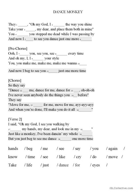 DANCE MONKEY song worksheet song and…: English ESL worksheets pdf & doc