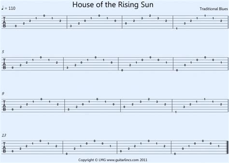 "House of the Rising Sun" Chords and Guitar Tab - Spinditty