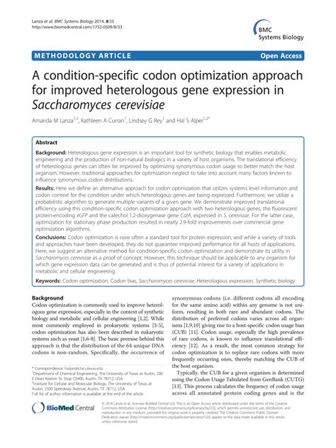 (PDF) A condition-specific codon optimization approach for improved heterologous gene expression ...