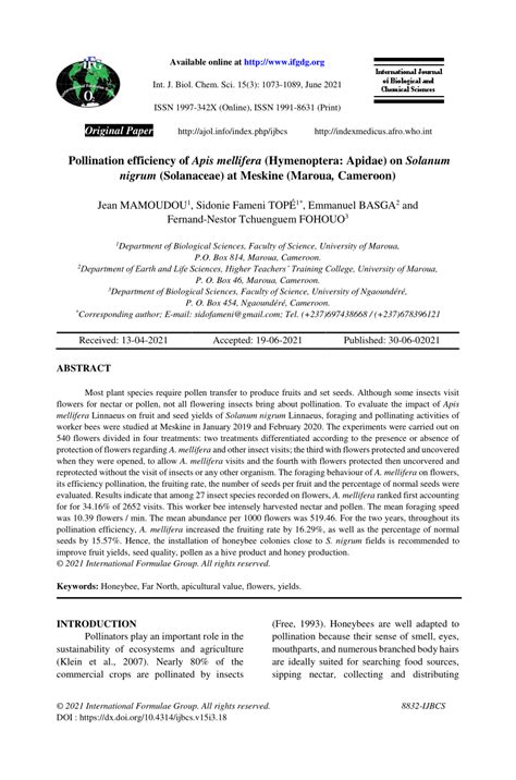 (PDF) Pollination efficiency of Apis mellifera (Hymenoptera: Apidae) on Solanum nigrum ...