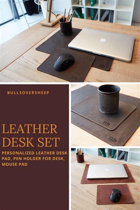 Personalized Leather Desk Pad, Pen Holder For Desk, Rectangular Mouse Pad, Brown Leather Desk ...