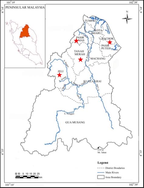 The map of Kelantan showing the location of Jeli, Pasir Mas, Tanah... | Download Scientific Diagram