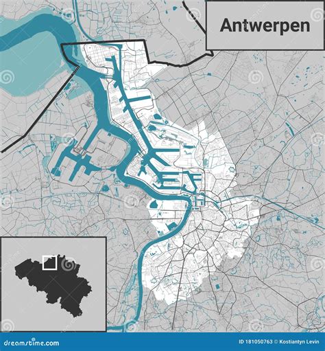 Vector Map of Antwerpen Antwerp, Belgium with River and Belgium Map Stock Illustration ...