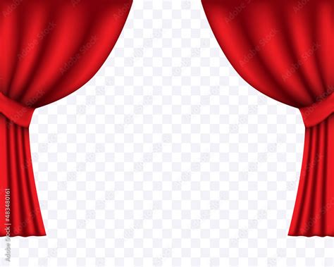 Red curtains. Vector chic drapes gathered on the sides. Vector clipart isolated on transparent ...