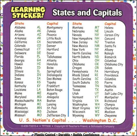 List Of 50 States And Capitals Printable