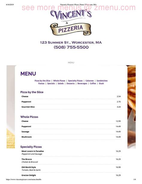 Online Menu of Vincent's Pizza Restaurant, Worcester, Massachusetts ...