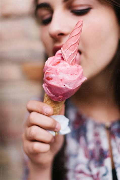 Beautiful Young Woman Licking an Ice Cream Cone by HEX. - Food, Ice cream - Stocksy United