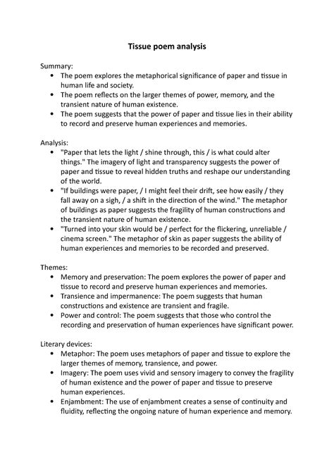 Tissue poem analysis - Tissue poem analysis Summary: The poem explores ...