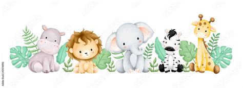 Watercolor illustration safari animals and tropical leaves Stock Vector ...