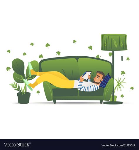 Man lying on green sofa young male adult relaxing Vector Image