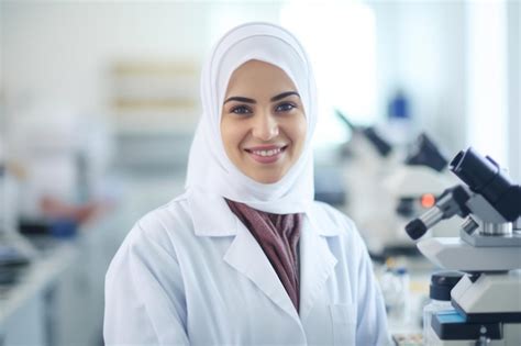 Premium AI Image | Hijabi microbiologist smiling at the camera ...