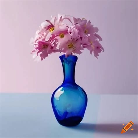 Blue and pink glass bottle vase with blooming flowers on Craiyon