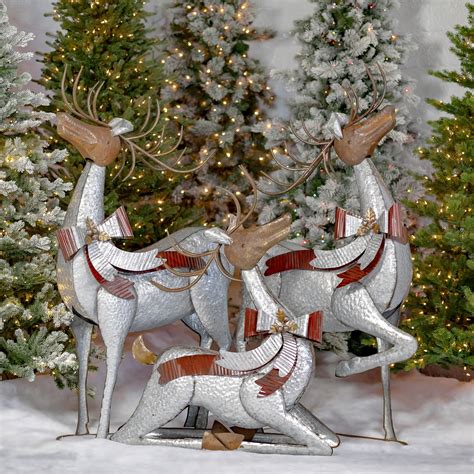 Set of 3 Large Galvanized Reindeer with Bows and Bells