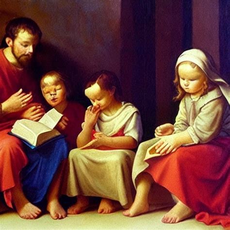 7 children reading the bible, Oil Painting - Arthub.ai