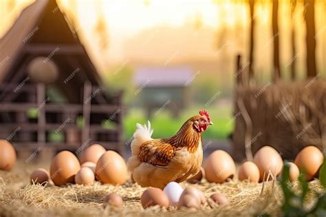 Premium Photo | Hen hatching eggs with farm background