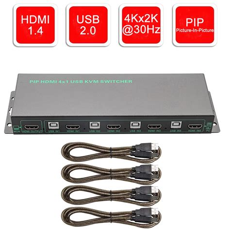 2019 4 Port HDMI KVM Switch 4Kx2K PIP KVM Switch HDMI USB 2.0 Picture In Picture KVM Switch ...