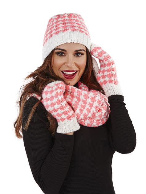 Ladies Womens Knitted Gloves Mittens Beanie Hat Snood Scarf Set Pink ...