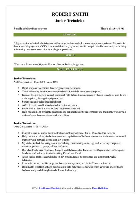 Junior Technician Resume Samples | QwikResume