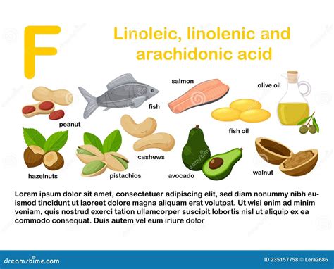 Rectangular Poster With Food Products Containing Vitamin F. Linolenic And Arachidonic Acids ...