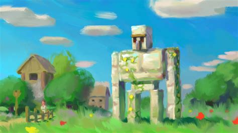 Download Minecraft Iron Golem standing guard over a village Wallpaper | Wallpapers.com